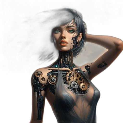 robot, jewelry, dress, weapon, cyberpunk, concept art, fantasy art, comic book art transparent PNG cut-out