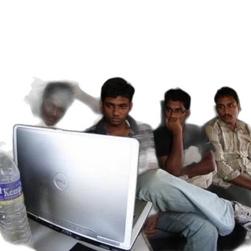 3d render, forest, four, men, sit, train, dell, laptop transparent PNG cut-out