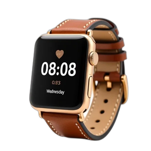jewelry, 3d render, gold, smartwatch, brown, leather, strap, displayed transparent PNG cut-out
