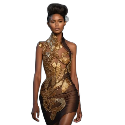 dress, concept art, fantasy art, earth tones, golden, fashion, runway, model transparent PNG cut-out