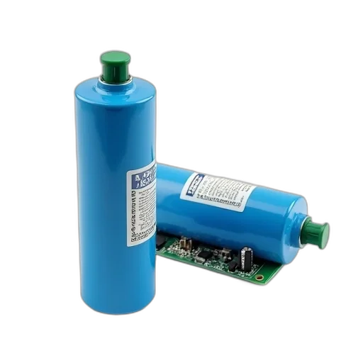 bottle, two, identical, blue, cylindrical, objects, green, cap transparent PNG cut-out