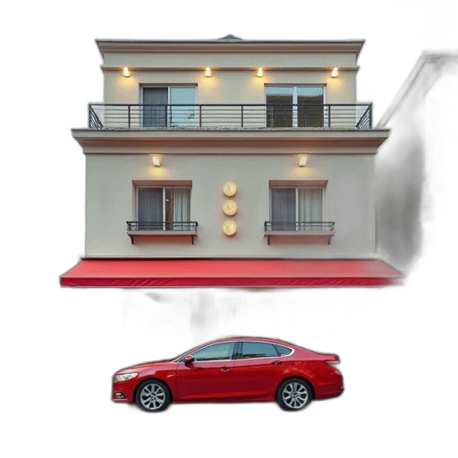 car, building, 3d render, concept art, photorealistic, fog, fire, red transparent PNG cut-out
