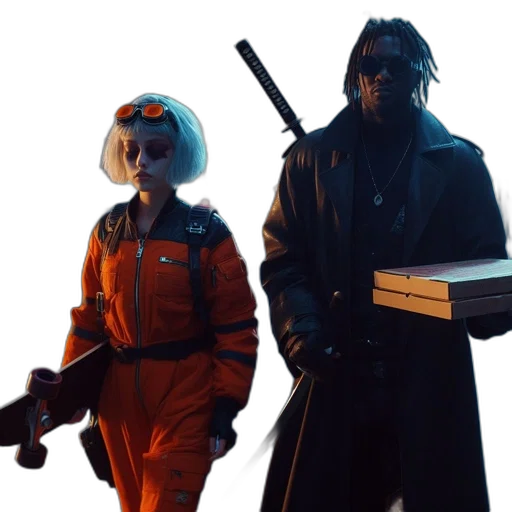 staff, jacket, concept art, cyberpunk, outer space, fire, underwater, two transparent PNG cut-out