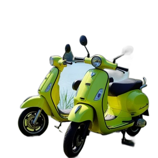3d render, photorealistic, concept art, green, lime, scooters, parked, front transparent PNG cut-out