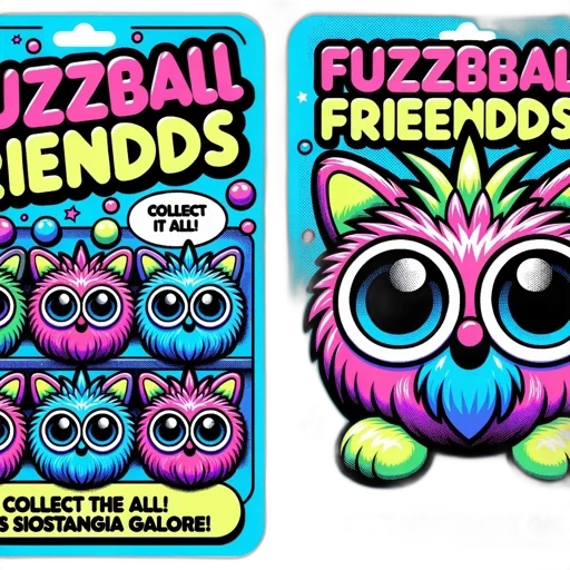 two, side-by-side, cards, feature, fuzzball, friends, characters, one transparent PNG cut-out