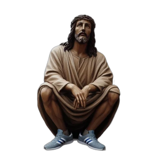 shoes, jacket, photorealistic, pixel art, concept art, vaporwave, statue, kneeling transparent PNG cut-out