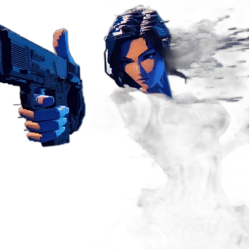 weapon, concept art, 3d render, photorealistic, pixel art, blue, pixelated, female transparent PNG cut-out