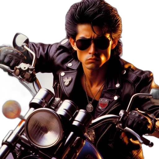 photorealistic, man, dark, hair, sunglasses, rides, gleaming, chrome transparent PNG cut-out