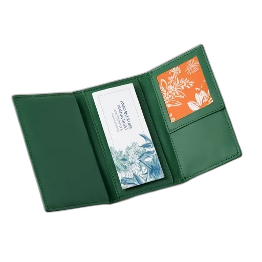 green, wallet, cover, open, displaying, business, card, white transparent PNG cut-out