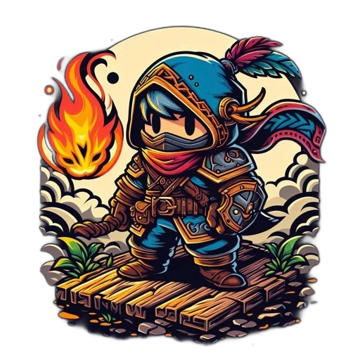 jacket, fantasy art, pixel art, comic book art, concept art, fire, stylized, warrior transparent PNG cut-out