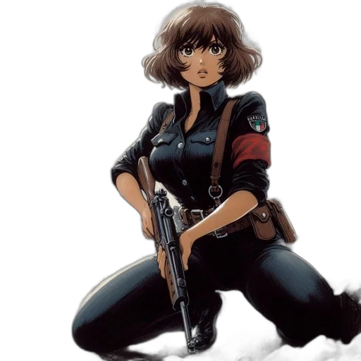 weapon, jacket, concept art, comic book art, anime, pixel art, female, soldier transparent PNG cut-out