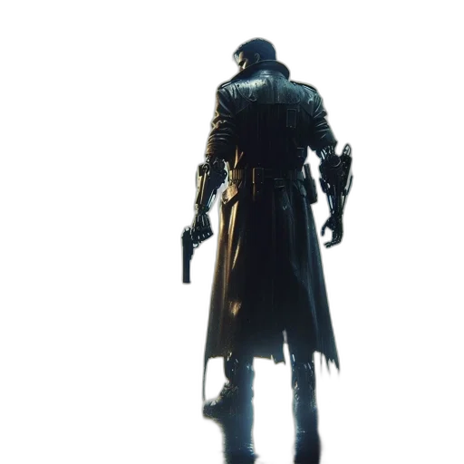 jacket, sword, weapon, staff, concept art, cyberpunk, 3d render, fantasy art transparent PNG cut-out