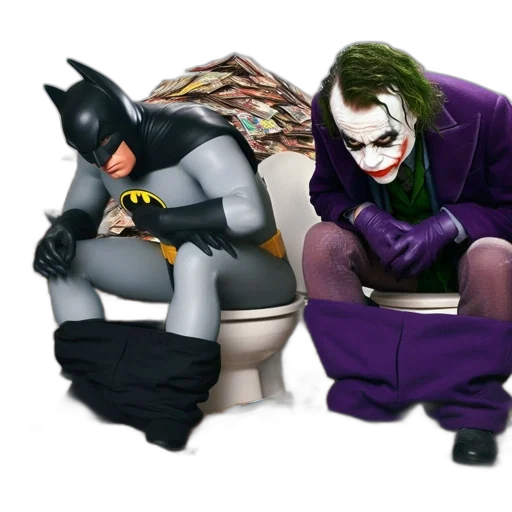 comic book art, concept art, 3d render, cartoon, batman, joker, sit, side-by-side transparent PNG cut-out