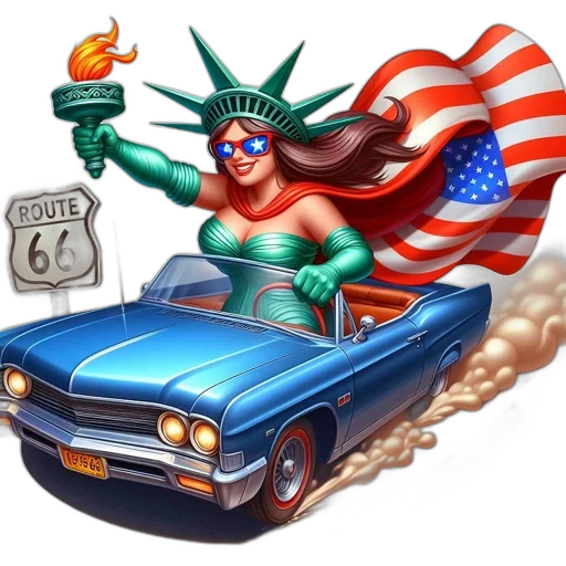 car, concept art, cartoon, comic book art, stylized, statue, liberty, drives transparent PNG cut-out
