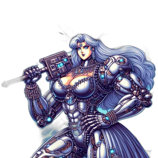 robot, weapon, sword, concept art, fantasy art, cyberpunk, comic book art, blue transparent PNG cut-out