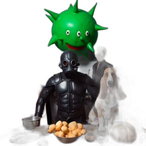 mask, creature, concept art, 3d render, kitchen, scene, characters, include transparent PNG cut-out