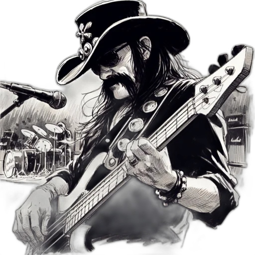 cartoon, photorealistic, concept art, comic book art, black, white, illustration, musician transparent PNG cut-out