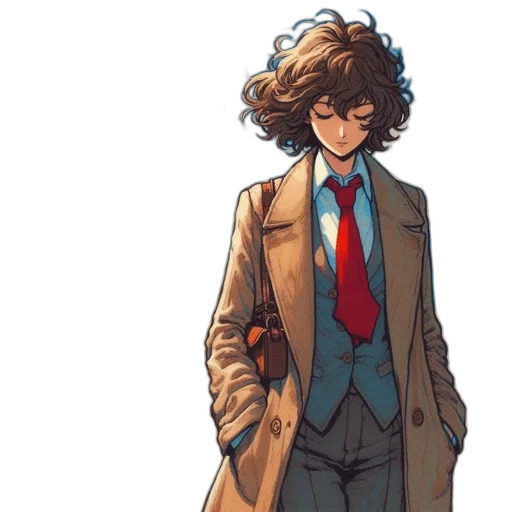 jacket, staff, hair, comic book art, concept art, anime, cartoon, earth tones transparent PNG cut-out