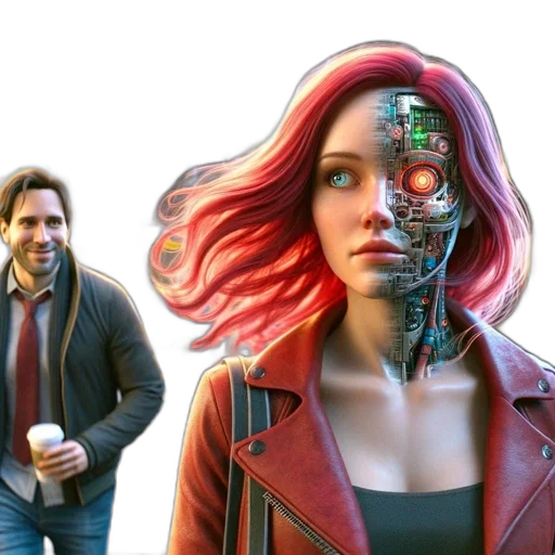 robot, cyberpunk, concept art, comic book art, 3d render, individual, half-mechanical, features transparent PNG cut-out