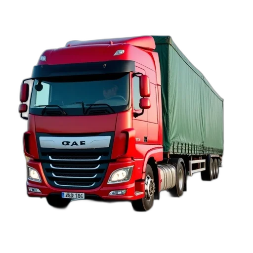 photorealistic, red, semi-truck, large, green, tarp, covering, cargo transparent PNG cut-out