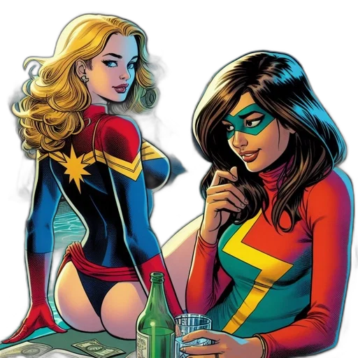 comic book art, concept art, cartoon, two, female, superheroes, one, star transparent PNG cut-out