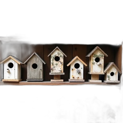 3d render, concept art, photorealistic, variety, birdhouses, displayed, wooden, shelf transparent PNG cut-out
