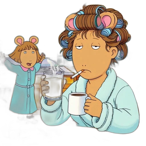 cartoon, woman, sits, kitchen, table, sipping, coffee, smoking transparent PNG cut-out