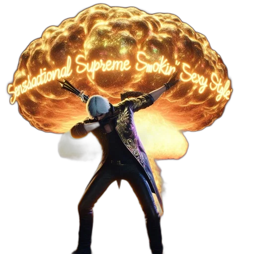 weapon, hat, crown, jacket, concept art, vaporwave, fire, neon lights transparent PNG cut-out