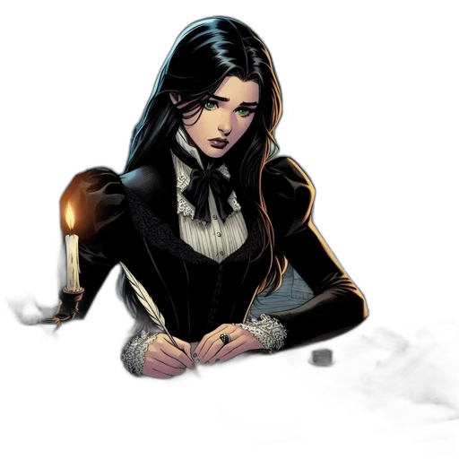 comic book art, concept art, fantasy art, cartoon, dark, lady, writes, candlelight transparent PNG cut-out