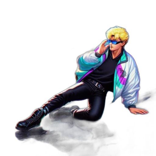 jacket, staff, creature, weapon, vaporwave, concept art, cyberpunk, pixel art transparent PNG cut-out