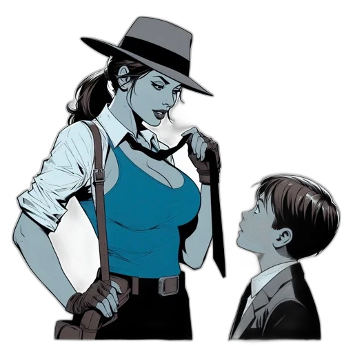 hat, comic book art, concept art, cartoon, city street, two, individuals, woman transparent PNG cut-out