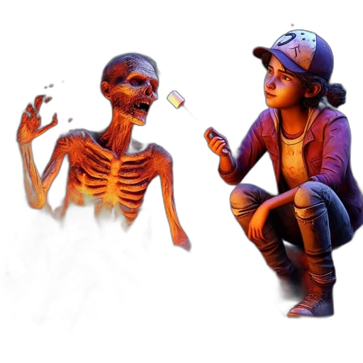 concept art, 3d render, pixel art, fantasy art, young, girl, campfire, roasts transparent PNG cut-out
