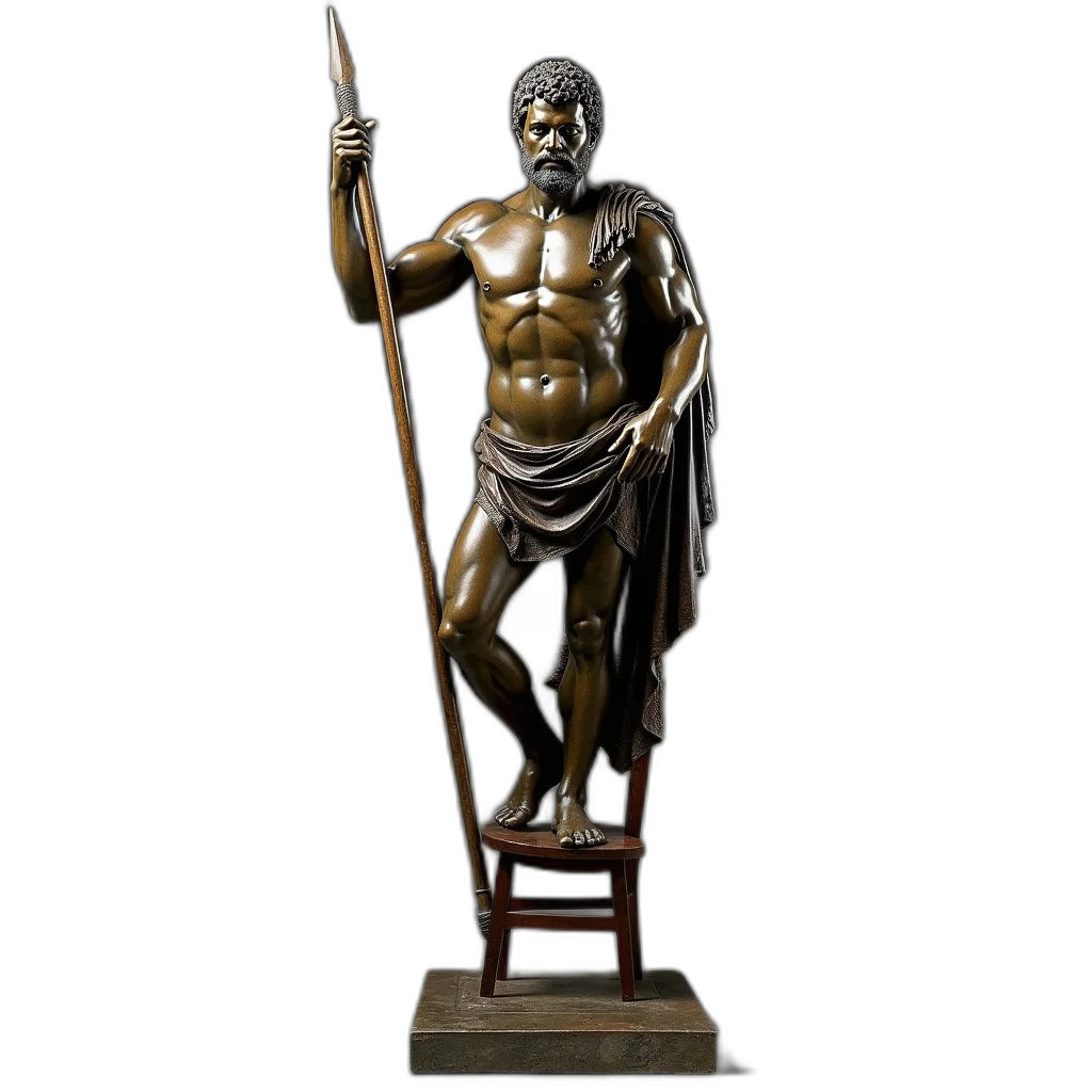 sword, bronze, statue, muscular, man, holding, spear, draped transparent PNG cut-out