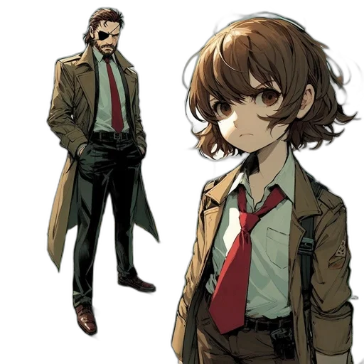 jacket, staff, concept art, anime, comic book art, cartoon, earth tones, dark transparent PNG cut-out