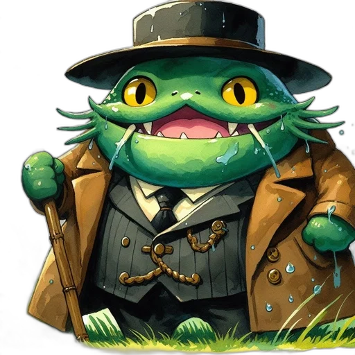 staff, hat, animal, jacket, concept art, anthropomorphic, frog-like, creature transparent PNG cut-out