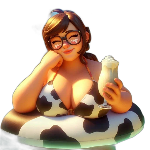 food, concept art, pixel art, cartoon, fantasy art, female, character, cow-themed transparent PNG cut-out