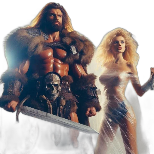 concept art, comic book art, fantasy art, 3d render, muscular, man, sword, woman transparent PNG cut-out