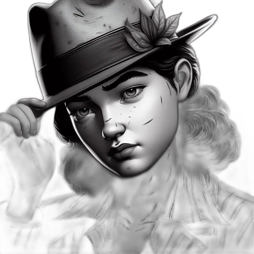 hat, face, photorealistic, fantasy art, comic book art, concept art, monochrome, portrait transparent PNG cut-out