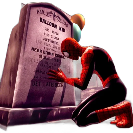 comic book art, concept art, 3d render, spider-man, kneels, beside, gravestone, negaduck transparent PNG cut-out