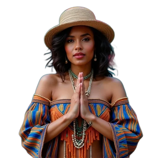 jewelry, hat, earth tones, woman, colorful, outfit, feathered, beaded transparent PNG cut-out