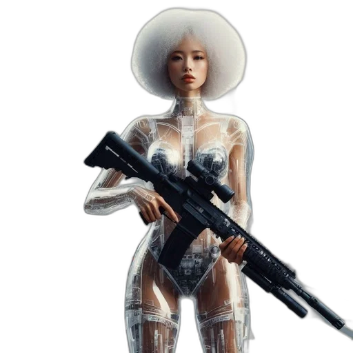 robot, weapon, dress, staff, concept art, cyberpunk, fantasy art, 3d render transparent PNG cut-out