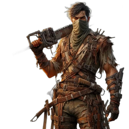 weapon, staff, concept art, fantasy art, masked, post-apocalyptic, survivor, wearing transparent PNG cut-out