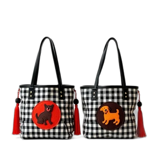 two, identical, black, white, checkered, handbags, tassels, displayed transparent PNG cut-out
