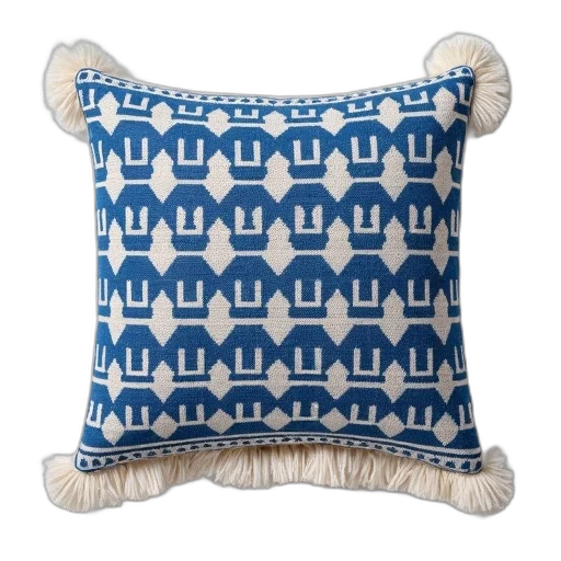furniture, blue, white, geometric, patterned, pillow, fringe, bottom transparent PNG cut-out