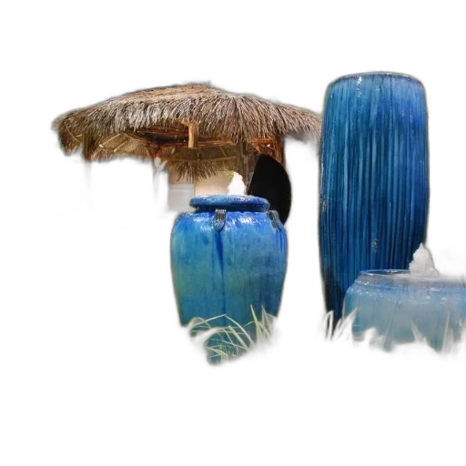 jewelry, 3d render, blue, tropical-themed, display, features, vases, thatched-roof transparent PNG cut-out