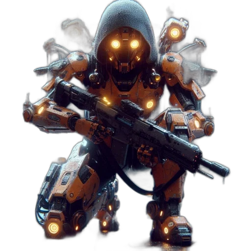 robot, weapon, concept art, 3d render, cyberpunk, pixel art, golden, futuristic transparent PNG cut-out