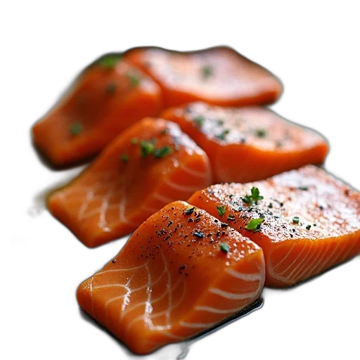 food, animal, photorealistic, 3d render, three, pieces, salmon, lying transparent PNG cut-out