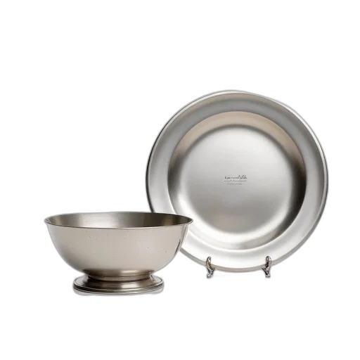 food, silver, bowl, plate, displayed, white, background, placed transparent PNG cut-out