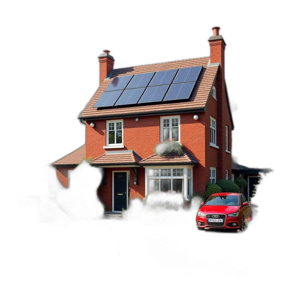 car, building, 3d render, photorealistic, concept art, red, brick, house transparent PNG cut-out