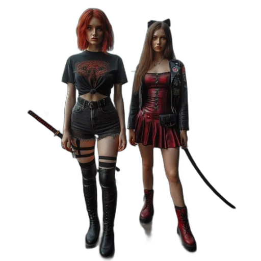 concept art, 3d render, fantasy art, comic book art, red, dark, two, women transparent PNG cut-out